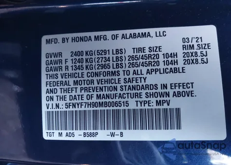 2021 Honda Passport 2Wd Touring from USA, damaged, VIN 5FNYF7H90MB006515